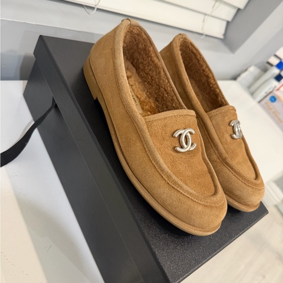 CHANEL Tan Suede Loafers with Silver Logo